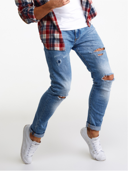 Ripped Blue Denim jeans for men by Dirty Devil jeans