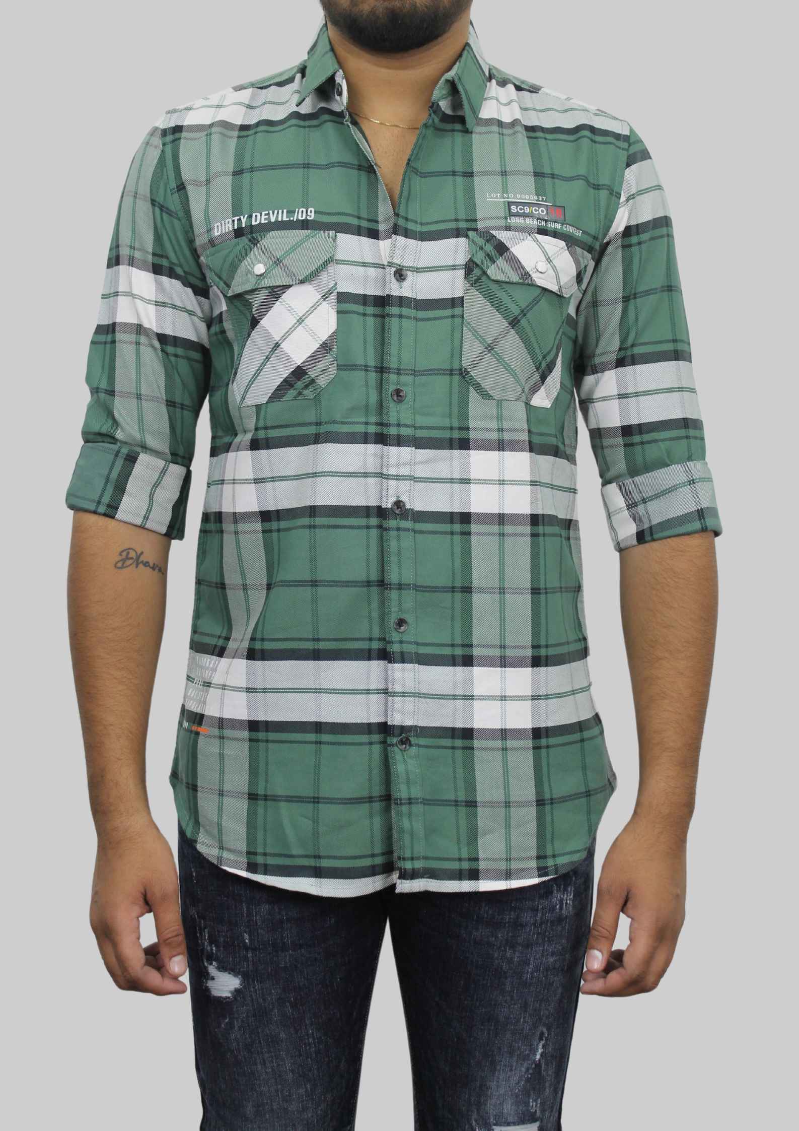 Tartan Grid Green &White Double Pocket Checks Shirt
